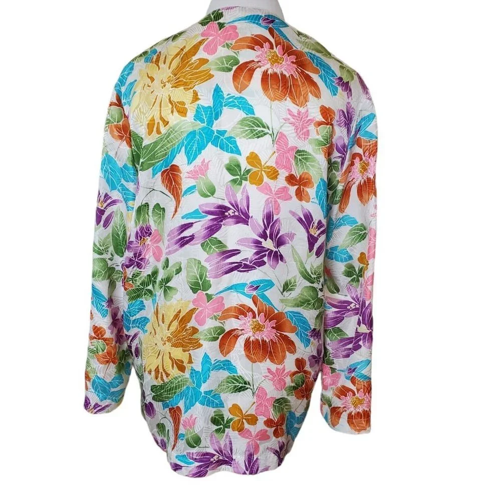 Vintage Floral Thin‎ Silk Jacket Colorful Satin Sz Medium Pockets Oversized